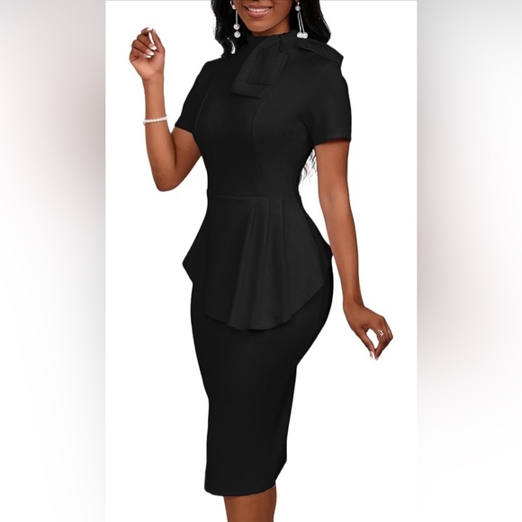 Fashion Peplum Bodycon Short Sleeve Bow Club Ruffle Pencil Formal Cocktail Dress - Picture 6 of 7